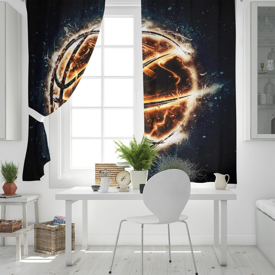 Dekorative Vorhänge mit brennendem Basketball Motiv von Super Six in Gelb und Schwarz, Breite: 135 cm, Höhe: 60 cm - Bild 2