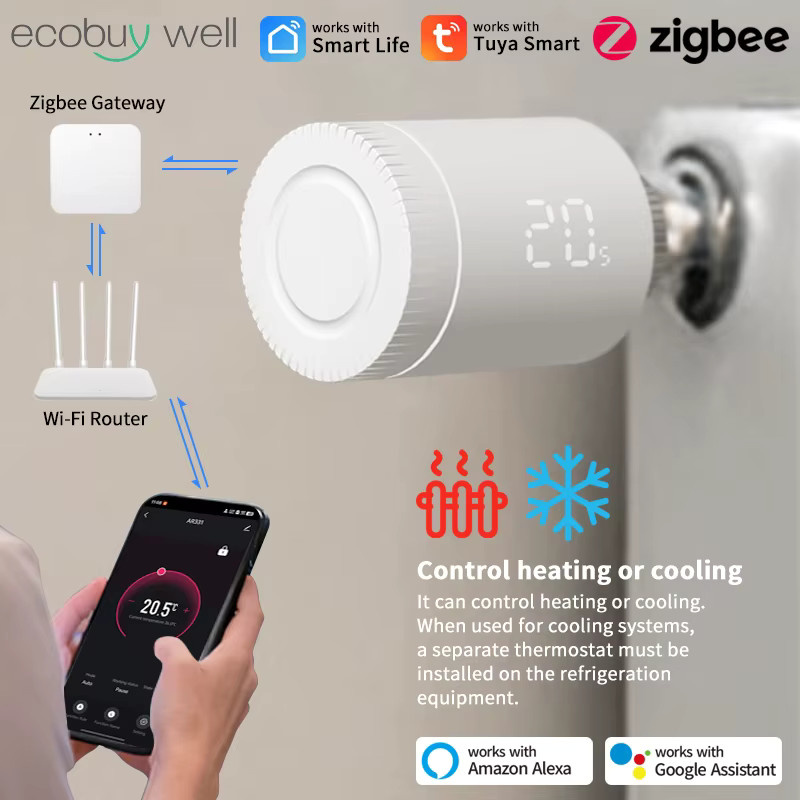 Tuya Smart Home Zigbee Thermostatventil mit App-Steuerung und Temperaturregler, kompatibel mit Google Home und Alexa, Weiß - Bild 2