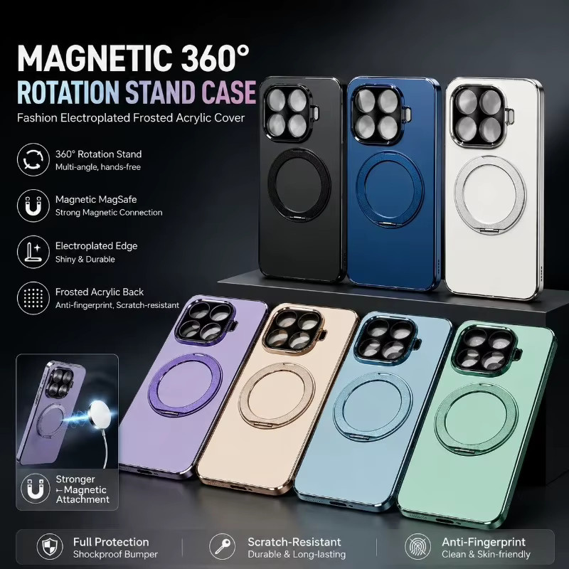 AG Mattierte Anti-Fingerabdruck Galvanisierte Schutzhülle für Xiaomi 17T Pro und 15T Pro mit magnetischer 360 Grad drehbarer Halterung in Schwarz - Bild 2