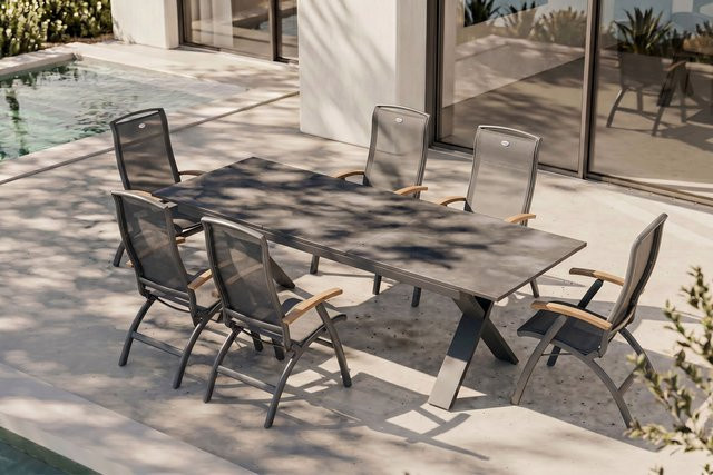 Hartman Da Vinci Garten-Essgruppe Xanadu in Grau, ausziehbarer Tisch 220–280 cm mit 6 Stühlen aus Aluminium und Glaskeramik - Bild 1