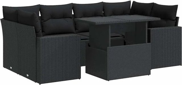 vidaXL 7-teilige Garten-Sofagarnitur in L-Form aus schwarzem Poly-Rattan mit wetterfesten Kissen und pulverbeschichtetem Stahlgestell - Bild 1
