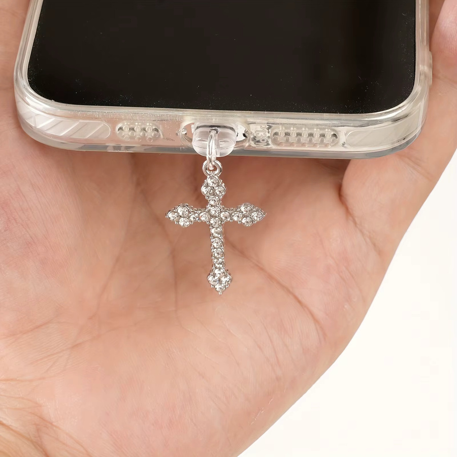Silberner Kristall-Staubschutz mit kreuzförmigem Charme für USB-C Anschlüsse - Bild 2