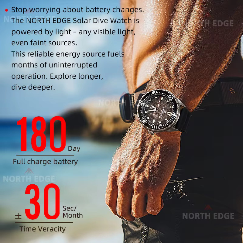 NORTH EDGE Armbanduhr, Solar, Titan-Edelstahl, Schwarz, Herren, 30 ATM - Bild 5