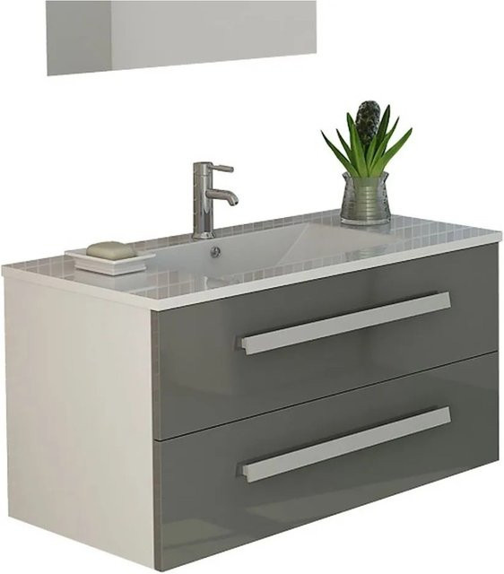 Jet-Line Badset Rapperswil Waschbecken und Unterschrank in Grau Hochglanz, Breite: 90 cm - Bild 1