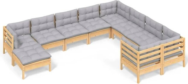 vidaXL 10-tlg. Garten-Lounge-Set aus massivem Kiefernholz mit grauen Polstern in Braun-Grau - Bild 1