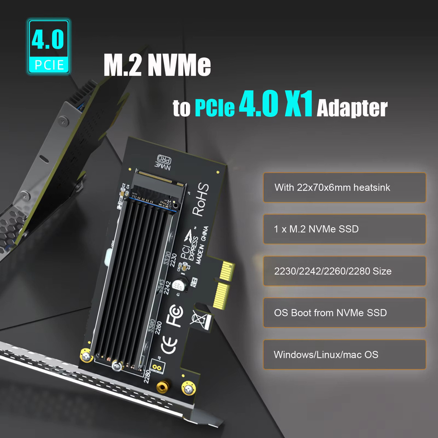 GLOTRENDS M.2 NVMe zu PCIe X1 Adapter mit M.2 Kühlkörper in Schwarz - Bild 2