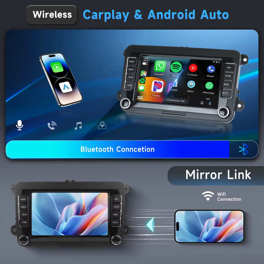 MOPECT Android 15 Autoradio mit 4G und 64G Speicher für VW, Seat und Skoda, inklusive GPS, Carplay und Bluetooth, Schwarz - Bild 1