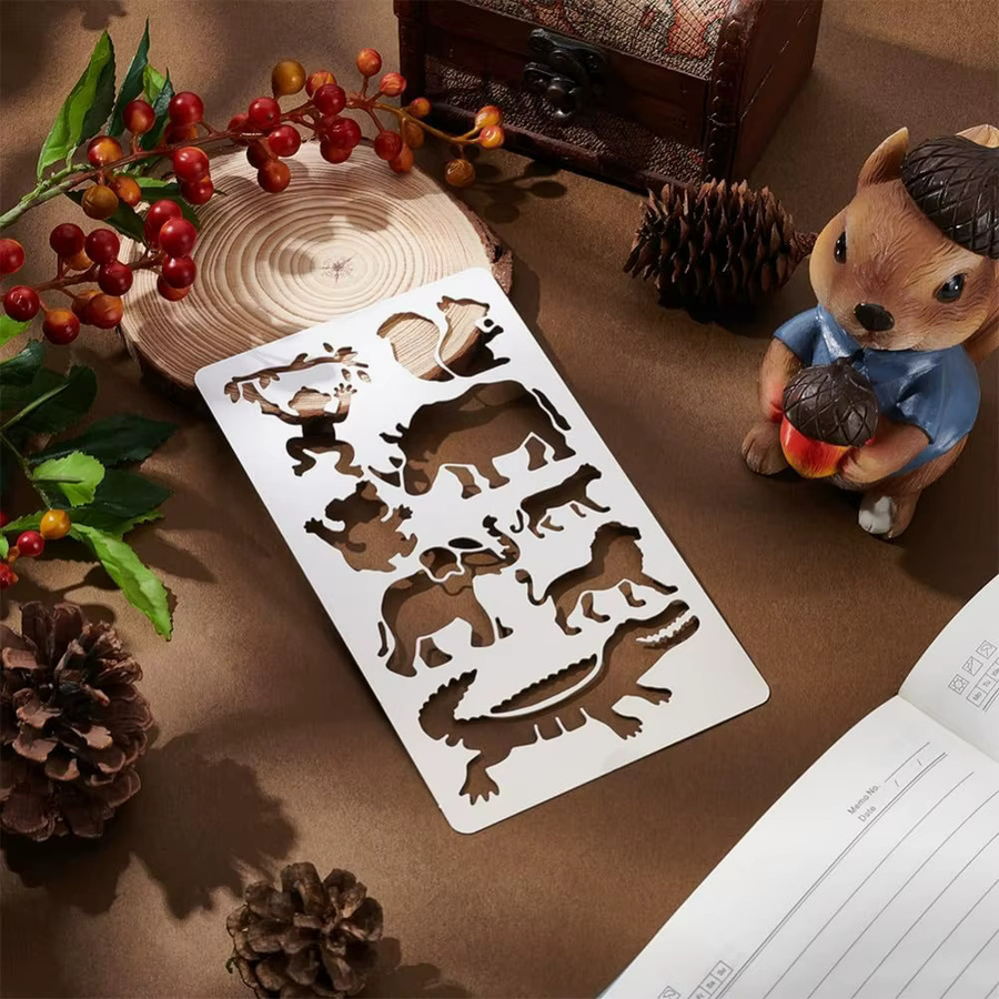 Wiederverwendbare Edelstahl-Bastelschablone mit Dschungeltieren wie Elefant, Löwe, Tiger und Eichhörnchen in Silber für Holzverbrennungen - Bild 2