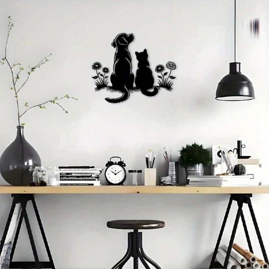 Minimalistische Wandkunst aus schwarzem Eisen von CIFBUY als Silhouette von Hund, Katze oder Löwenzahn zur Wandmontage für Innen und Außen - Bild 4