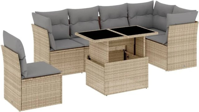 vidaXL 7-tlg Garten-Sofagarnitur in L-Form aus Polyrattan mit Kissen, Beige - Bild 1