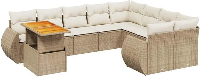 vidaXL 10-tlg. Garten-Sofagarnitur in L-Form aus Polyrattan und Akazienholz mit Kissen, Beige/Cremeweiß - Bild 1