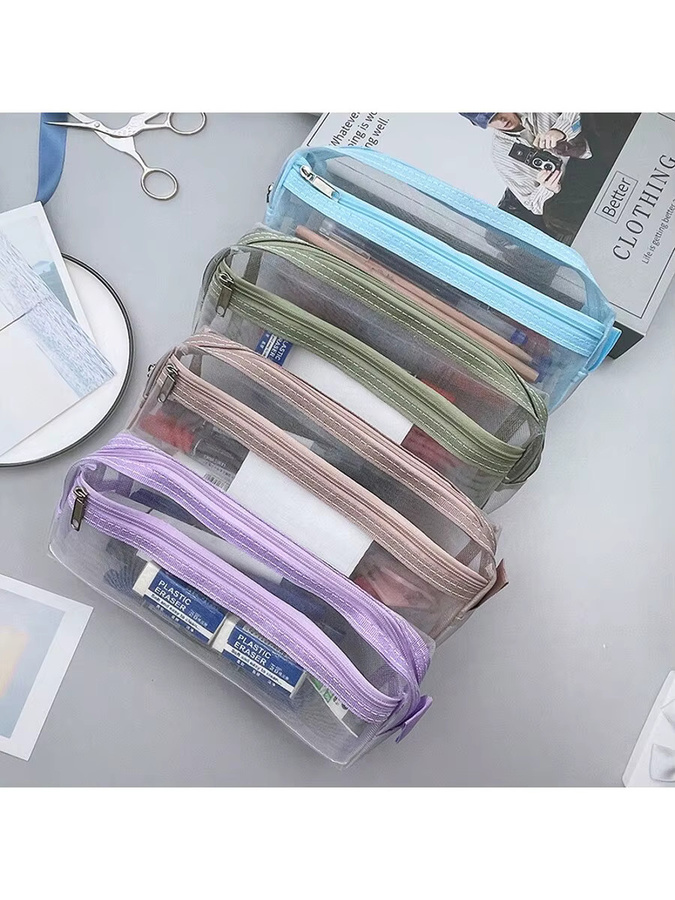 Transparente Doppelschicht Schreibwarentasche mit Mesh-Fächern in Lila für Schüler und Studenten - Bild 2