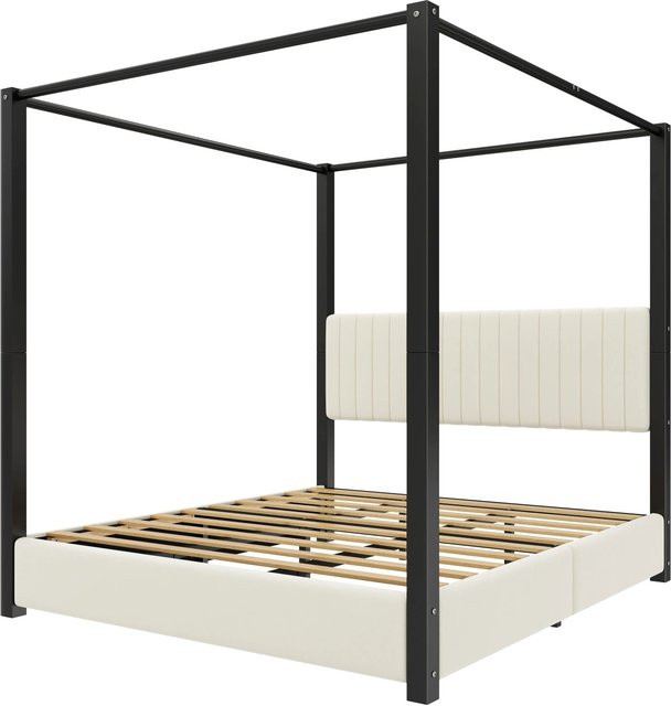 Merax Polsterbett mit Himmelbett aus Metall und Stoff in Beige und Schwarz B/T/H: 180 x 200 x 206 cm - Bild 1