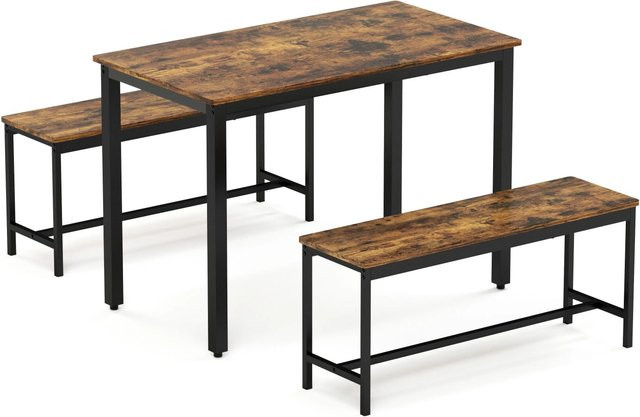 okwish Esstisch Set mit Bänken im Industrial Stil für Küche, Wohnzimmer und Esszimmer, Farbe: Braun/Schwarz, B/T/H: 110 x 60 x 75 cm - Bild 1