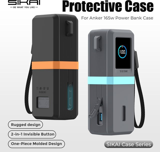 SIKAI Silikon-Powerbank-Hülle für Anker Zolo 165W 25000mAh, stoßfeste Schutzhülle mit Kabelorganisator-Ring und Lanyard-Loch in Schwarz, Orange oder Grau - Bild 1