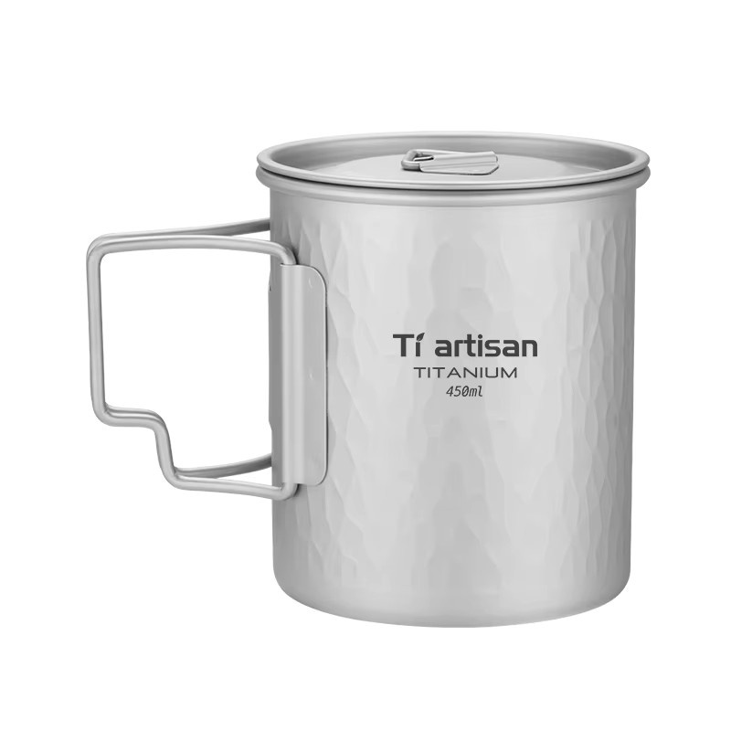 Tiartisan Kaffeetasse mit Deckel und gehämmerter Textur, faltbarer Wasserbecher für Outdoor-Camping, Silber, 450 ml - Bild 5