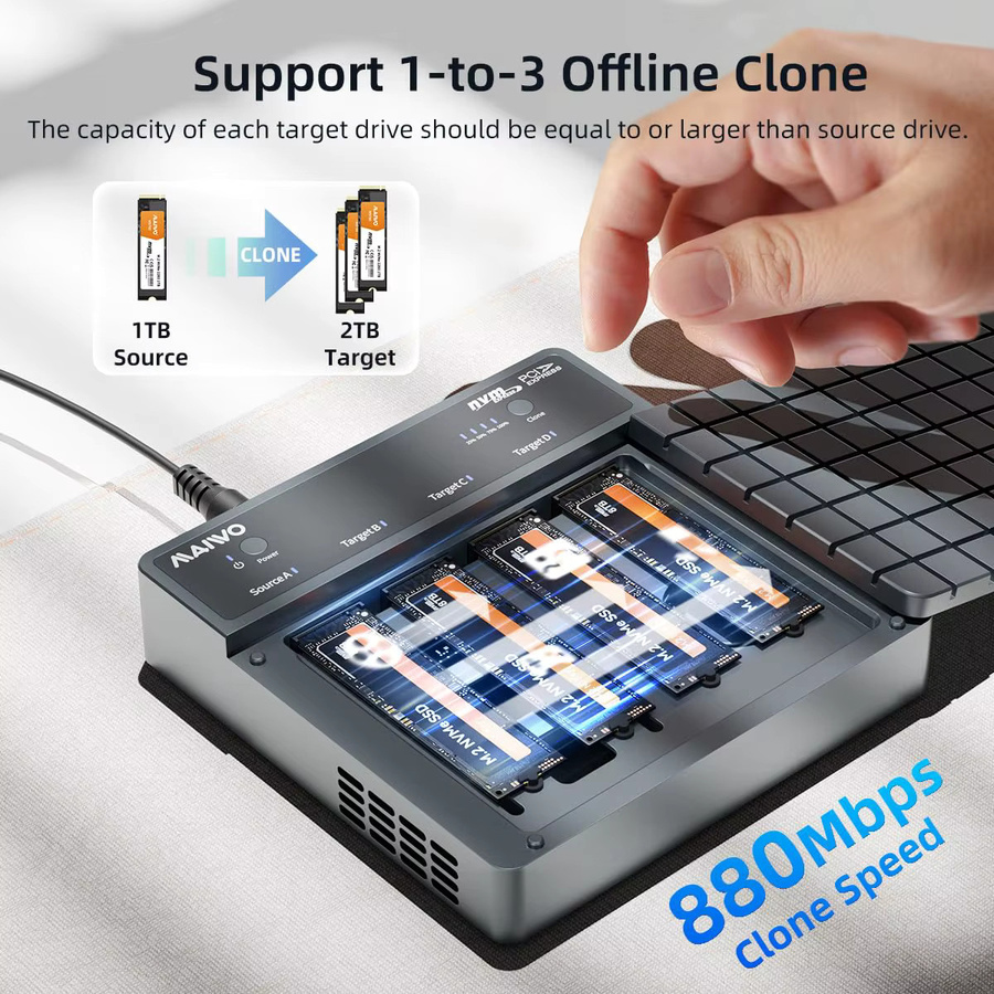 MAIWO M.2 NVMe SSD-Gehäuse mit 4 Einschüben, 40Gbps USB-C 4.0 Adapter für bis zu 32TB, unterstützt Offline-Klonen - Bild 2