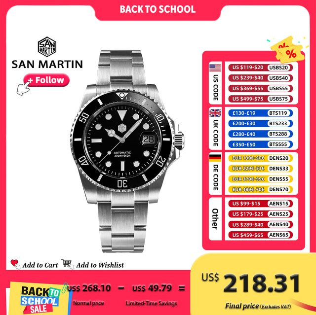 San Martin Automatik-Taucheruhr, Edelstahl, Keramiklünette, Saphirglas, 20 ATM, Unisex - Bild 1