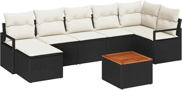 vidaXL Garten-Sofa-Set aus Poly-Rattan in Schwarz mit Kissen, 8-teiliges L-Shape Lounge-Set mit Tisch und Hocker - Bild 1