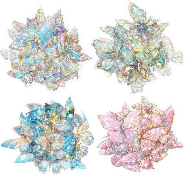 20er Set 3D Holographische Schmetterling Aufkleber in Eis Kristall Optik, Glänzende PET Aufkleber in Grün und Multicolour für Scrapbooking und DIY Tagebuchgestaltung - Bild 1