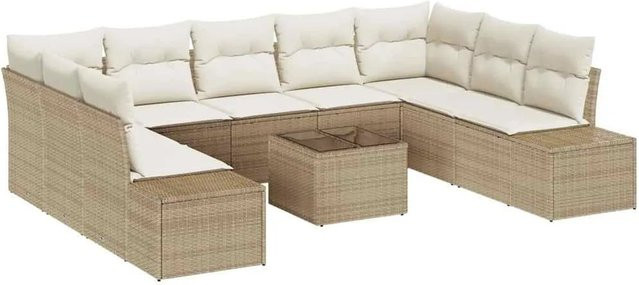 vidaXL Garten-Sofa-Set aus Poly-Rattan in Beige mit 10-teiligem Set inklusive Kissen und Tisch in U-Form - Bild 1