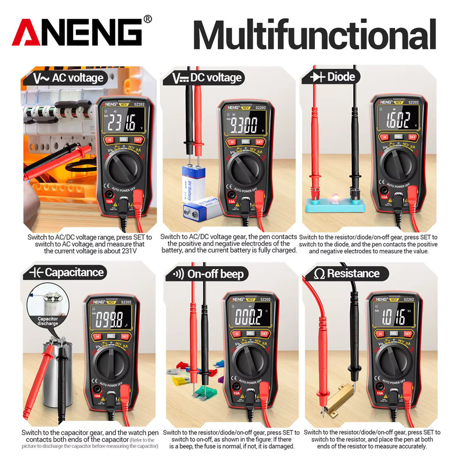 ANENG Digitales Multimeter sz202+b18 Tester für AC/DC Spannung Widerstand und Kapazität in Rot - Bild 4