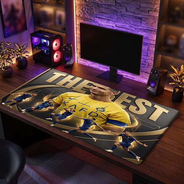 WildHue B Cristiano Ronaldo Wappen Mauspad, rutschfeste Schreibtischmatte für Gaming und Büro, Multicolor, B: 90 cm, T: 40 cm - Bild 1