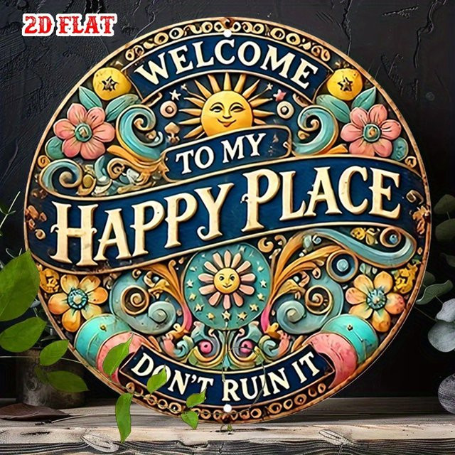 Potdemiel Rundes Aluminiumschild Welcome to My Happy Place mit Blumen und Sonne in Mehrfarbig - Bild 1