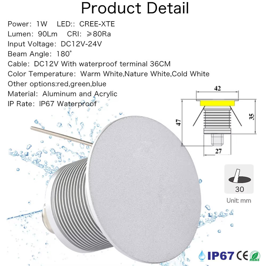 YELEDWAY LED Bodenstrahler für den Außenbereich, runde Untergrundlampe aus Aluminium in Weiß, warmweißes Licht, IP67 wasserdicht, 1 W - Bild 3