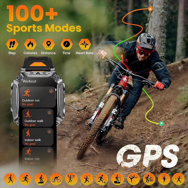 GUHUAVMI Militär-Smartwatch für Herren in Schwarz mit 1400mAh Akku, GPS, SOS-Funktion, Taschenlampe, Bluetooth-Anruf und 10ATM Wasserdichtigkeit - Bild 4