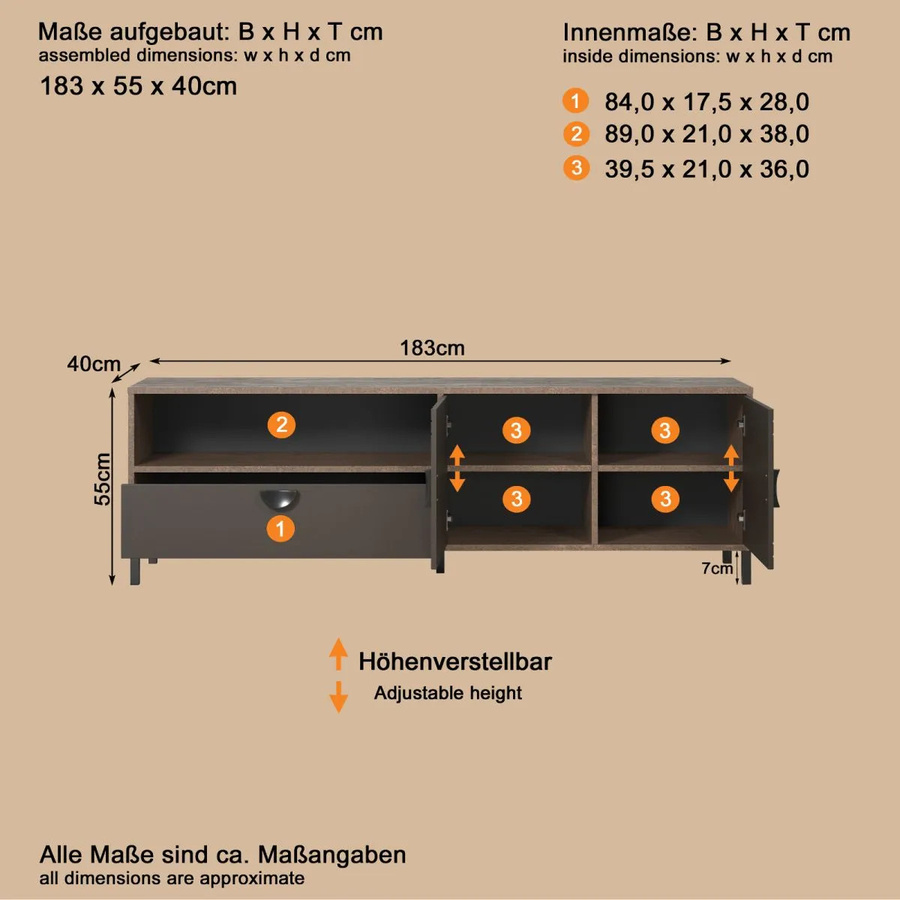 Modernes TV-Lowboard Oriana von TOP.FURN in Bronze und Rost, B/T/H: 183 x 40 x 55 cm - Bild 4
