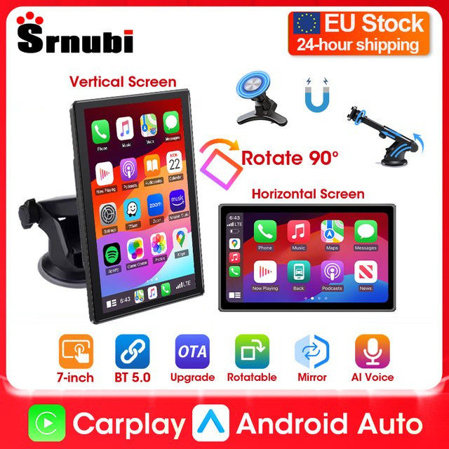 Srnubi 7 Zoll Carplay Autoradio mit Android-Unterstützung und magnetischer Halterung in Schwarz - Bild 1