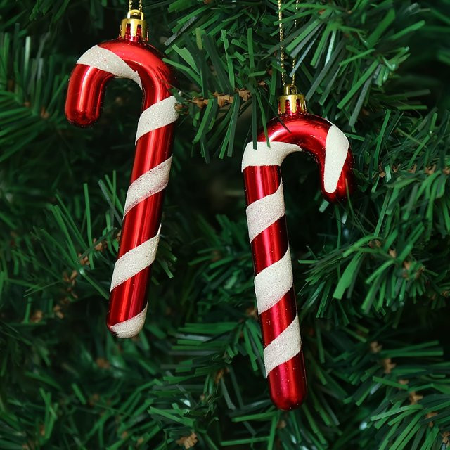 12 Stück DUTRIEUX Weihnachtsbaum-Hängedekoration aus Kunststoff in Rot und Weiß mit gestreiftem Zuckerstangen-Design - Bild 1
