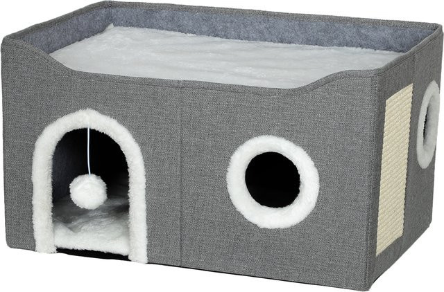 PawHut Faltbares Katzenhaus mit Kratzbereich und hängender Kugel, Grau, B/T/H: 60 x 40 x 34 cm - Bild 1