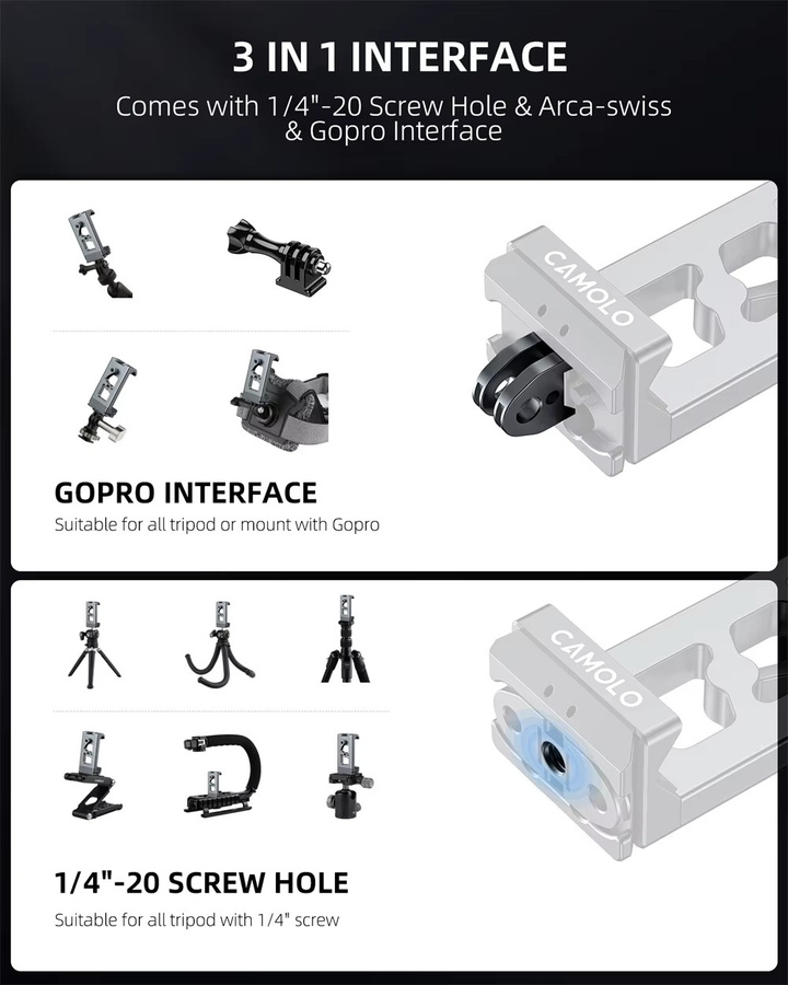 Leaplight Multifunktionaler Handyhalter aus Metall mit Arca Swiss, Cold Shoe und GoPro-Halterung sowie Handyklemme für iPhone und Samsung - Bild 4