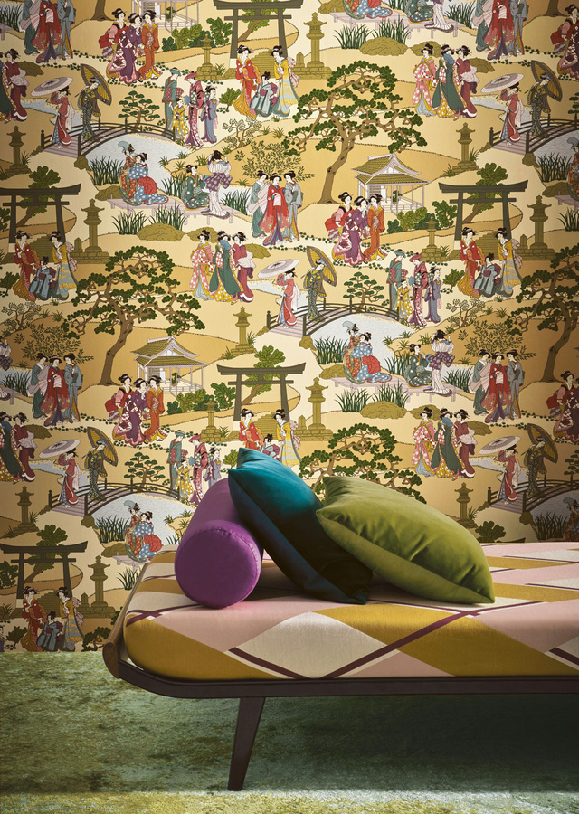 Manuel Canovas Tapete Geishas Epice in Gelb und Multicolour, Vlies-Tapete mit orientalischem Design und mattem Finish - Bild 1
