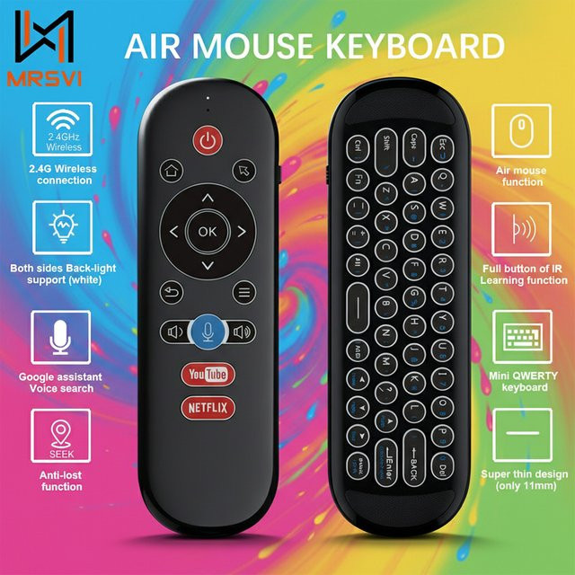 MRSVI W1 PLUS Air Mouse Fernbedienung in Schwarz: Kabellose 2,4G RF Mini-Tastatur mit Gyroskop und IR-Funktion für Android TV Box - Bild 1