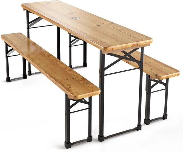 Beautissu BT22 Bierzeltgarnitur aus lackiertem Holz und pulverbeschichtetem Stahl, braun, 3-teilig, B/T/H: 170 x 46 x 76 cm - Bild 1