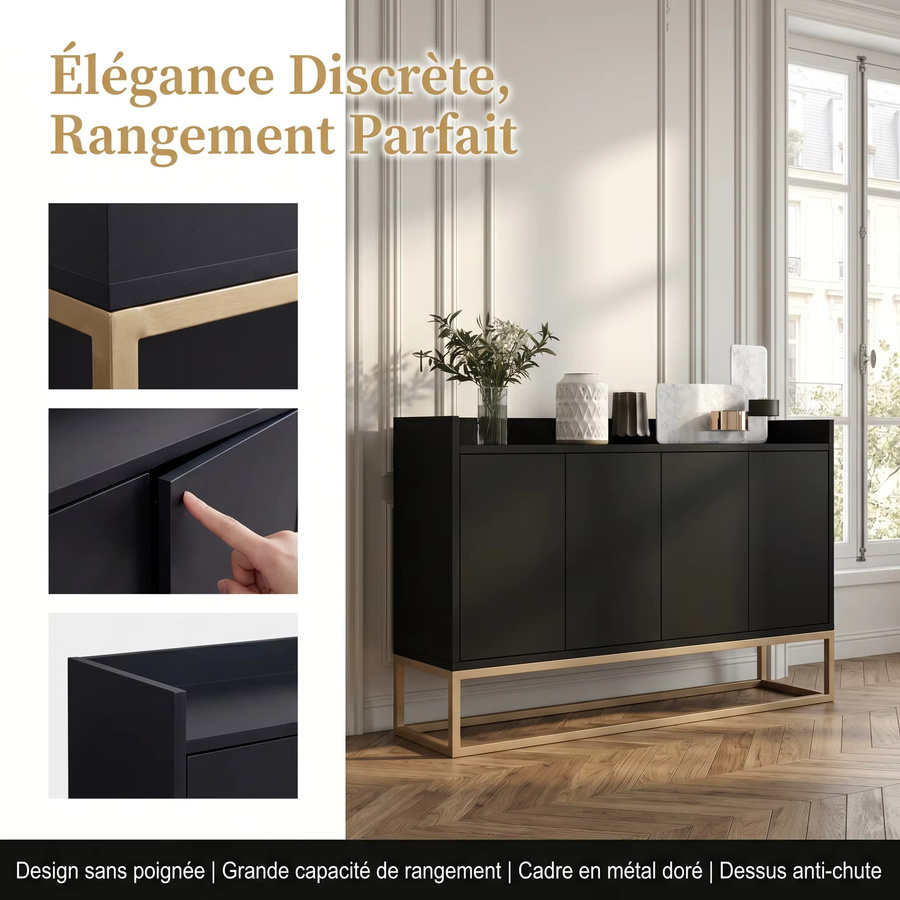 WoodenAura Niedriger Buffetschrank in Schwarz mit 4 Türen und Metallfüßen, moderner Küchenschrank mit verstellbaren Einlegeböden, B: 80 cm, T: 30 cm - Bild 2
