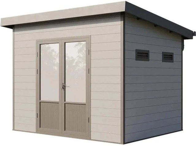 Finnhaus Wolff WPC Gerätehaus Terra 3024 Modern in Anthrazit/Hellgrau mit Pultdach und Doppeltür - Bild 1