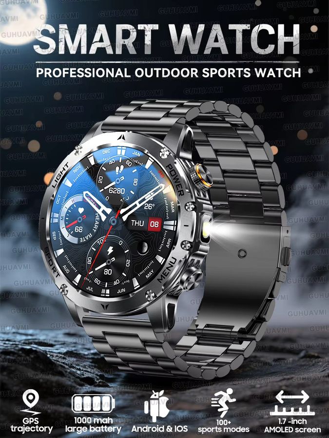 GUHUAVMI Militär-Smartwatch in Schwarz mit 1,7 Zoll Ultra-HD-Bildschirm, Bluetooth-Anruffunktion, IP68K Wasserdichtigkeit und Herzfrequenzmessung für Android - Bild 8