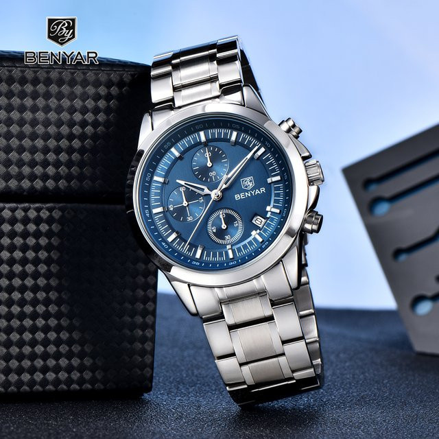 BENYAR Chronograph Armbanduhr, Quarz, Edelstahl, Blau, Herren - Bild 1