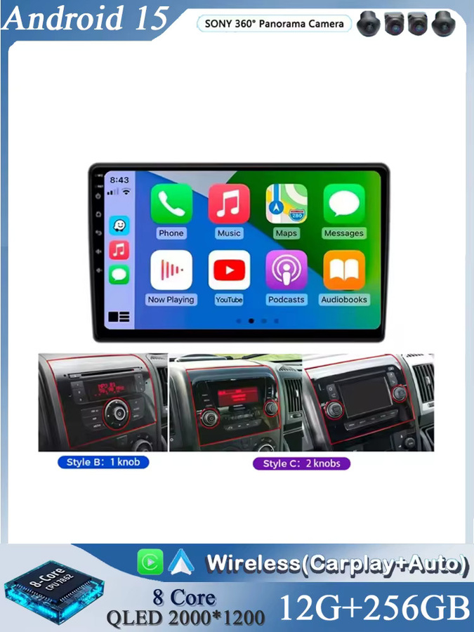 TIEYEZ Android 16 Autoradio mit CarPlay, GPS Navigation und Multimedia Player für Fiat Ducato, Citroen Jumper und Peugeot Boxer (2006-2024), Schwarz - Bild 4