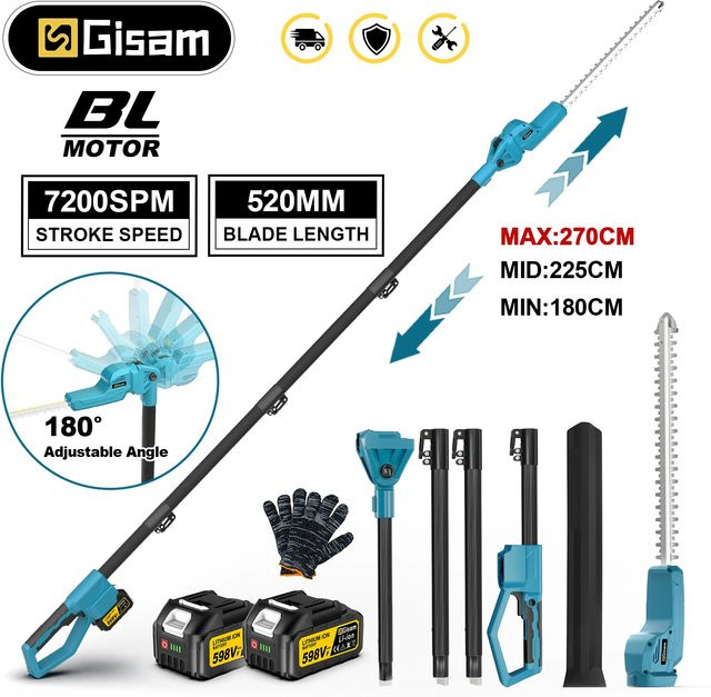 Gisam Elektrische Hochastschere mit bürstenlosem Motor als Akku-Teleskop-Heckenschere für Makita LXT 18V Akkus in Blau - Bild 1