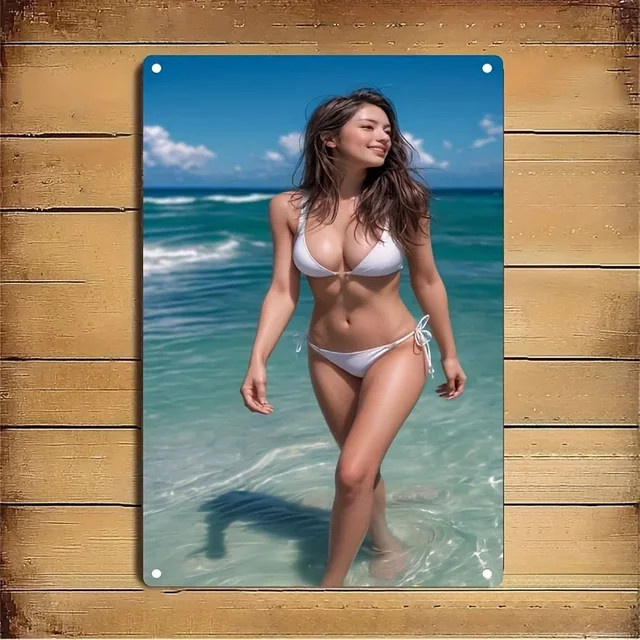HELLOYOUNG Metall-Wandkunst Bikini-Modell in Türkis, Rechteckiges Strandposter mit Motiv aus Natur und Meer für Heim, Bar und Café, B/H: 30 x 20 cm - Bild 1