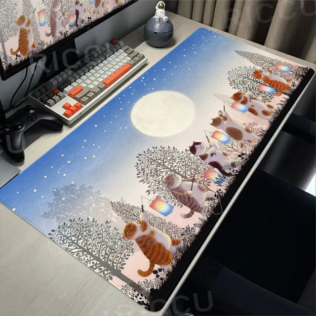 Riccu Mauspad Katze bei Mondlichtnacht Cartoon XXL Schreibtischunterlage Multicolour - Bild 1