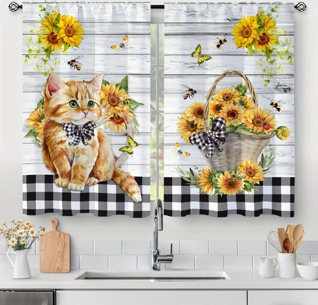 2er-Set Moderne Kurzvorhänge mit Sonnenblumen- und Karomuster, Digitaldruck, Halbtransparent, Polyester, Mehrfarbig, Breite: 60 cm, Höhe: 100 cm - Bild 1