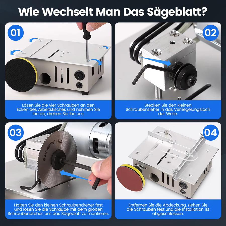 Jugacool Mikro-Tischkreissäge in Silber mit 96 W Leistung, Dual-Motorsteuerung, 7 Geschwindigkeiten und 4 Sätzen Sägeblättern, höhenverstellbar für Präzisionsschnitte von 0,1 bis 15 mm - Bild 6