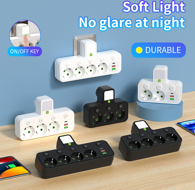 PHONEPACE Steckdosenleiste in Weiß mit 4 AC-Steckdosen, 2 USB-Anschlüssen, 1 USB-C-Anschluss, Ein/Aus-Schalter und Nachtlicht - Bild 1