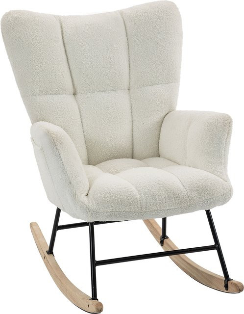 HOMCOM Schaukelstuhl aus Teddy-Velours in Creme mit hoher Rückenlehne, Seitentaschen und Gestell aus Metall und Gummibaumholz - Bild 1